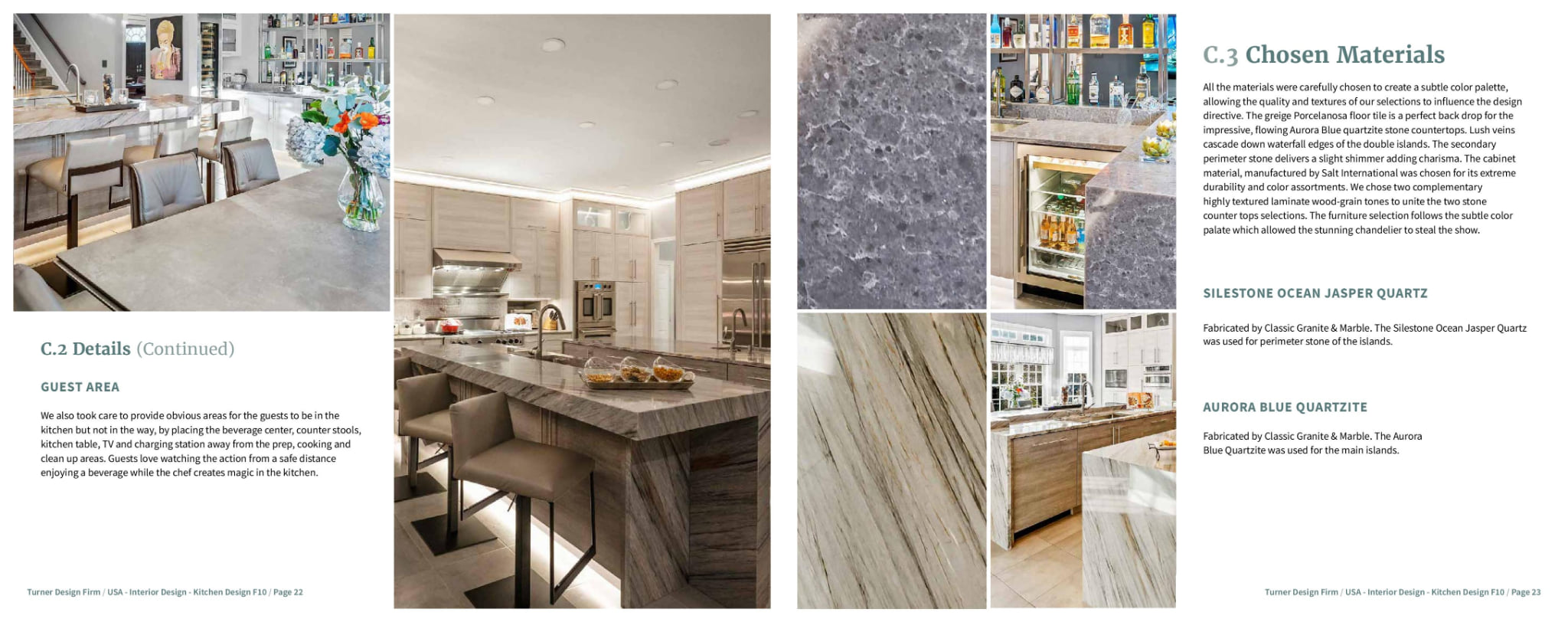 C.3 Chosen Materials, stone and tile shown close and in place, each named with its fabricator