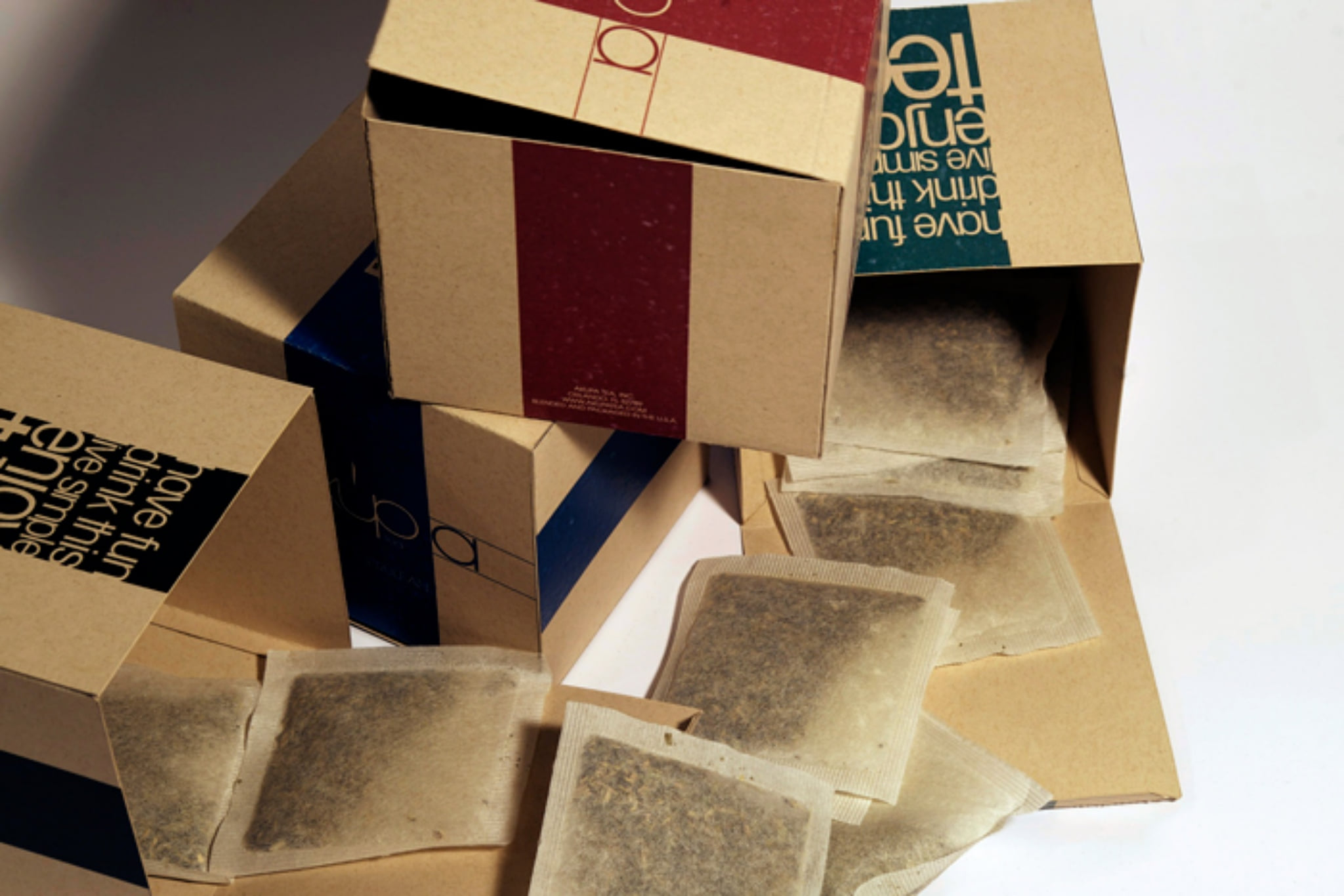 A box open, the bags loose, the color band and the copy panel running across it