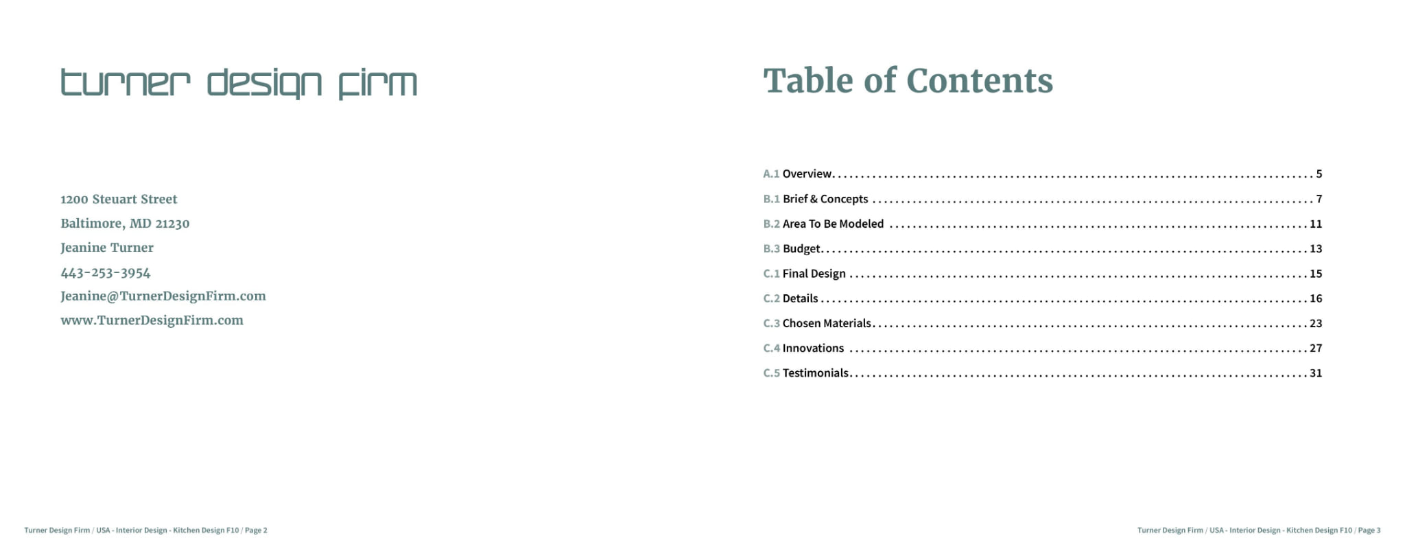 The title page facing the table of contents, nine sections lettered A to C with their page numbers