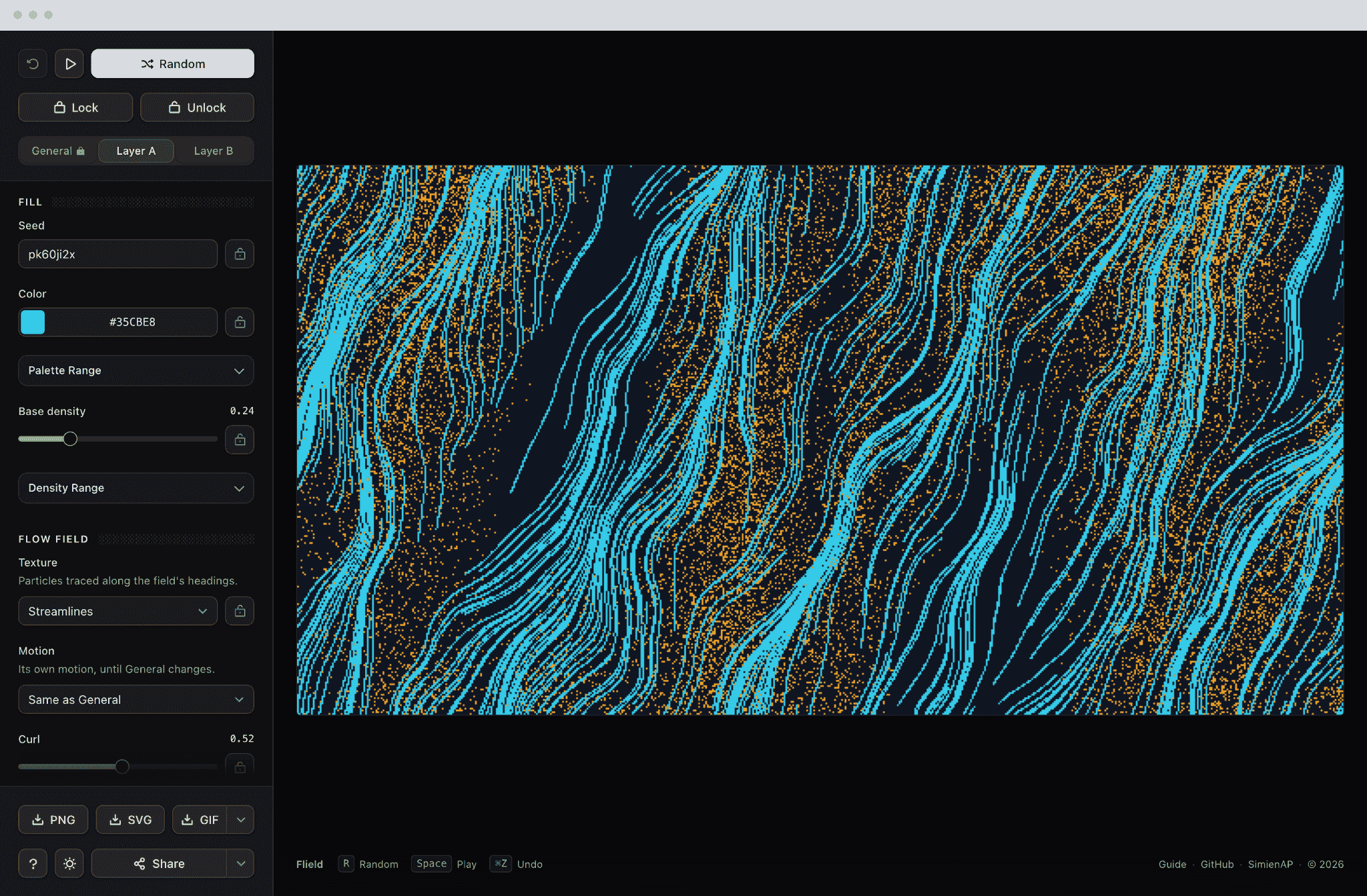 A layer in the dark theme: seed, palette window, flow texture, and curl
