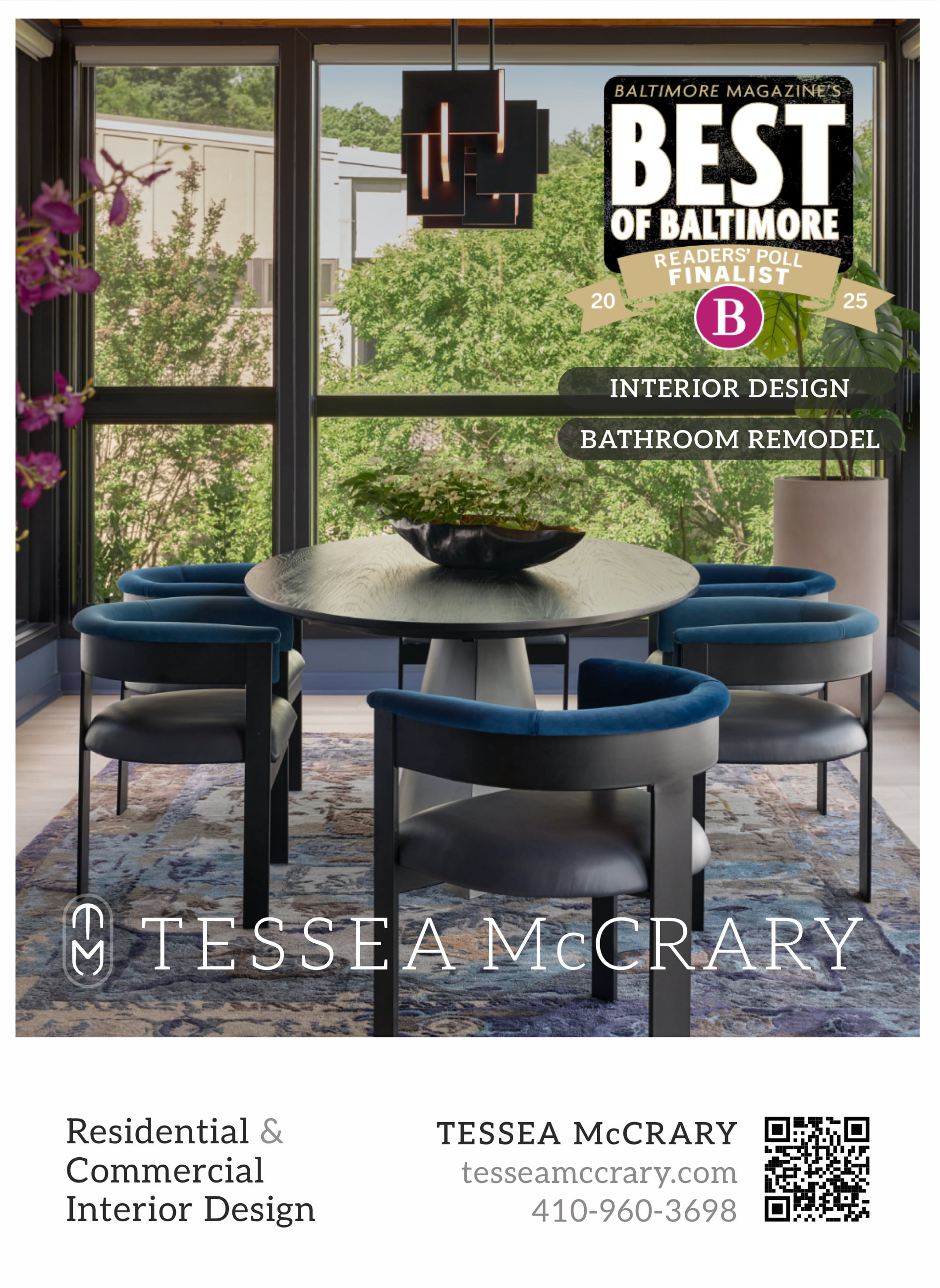 The Baltimore Magazine quarter page: the room, the finalist badge in two categories, the mark, and the QR code to the portfolio