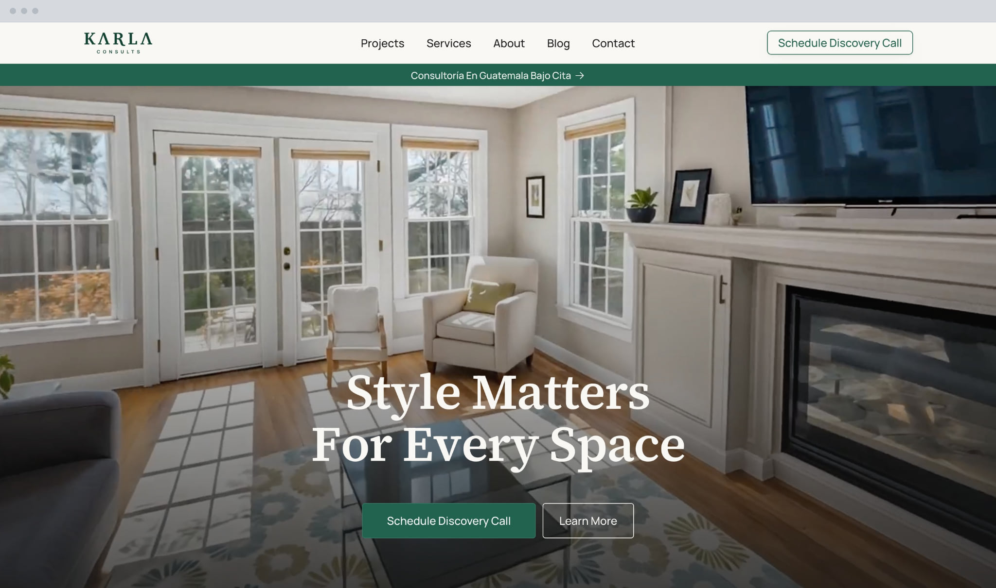 The homepage, one finished room at full width with the discovery call on it