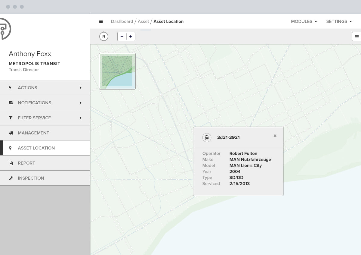 Asset location, with a vehicle's make, model, year and last service date