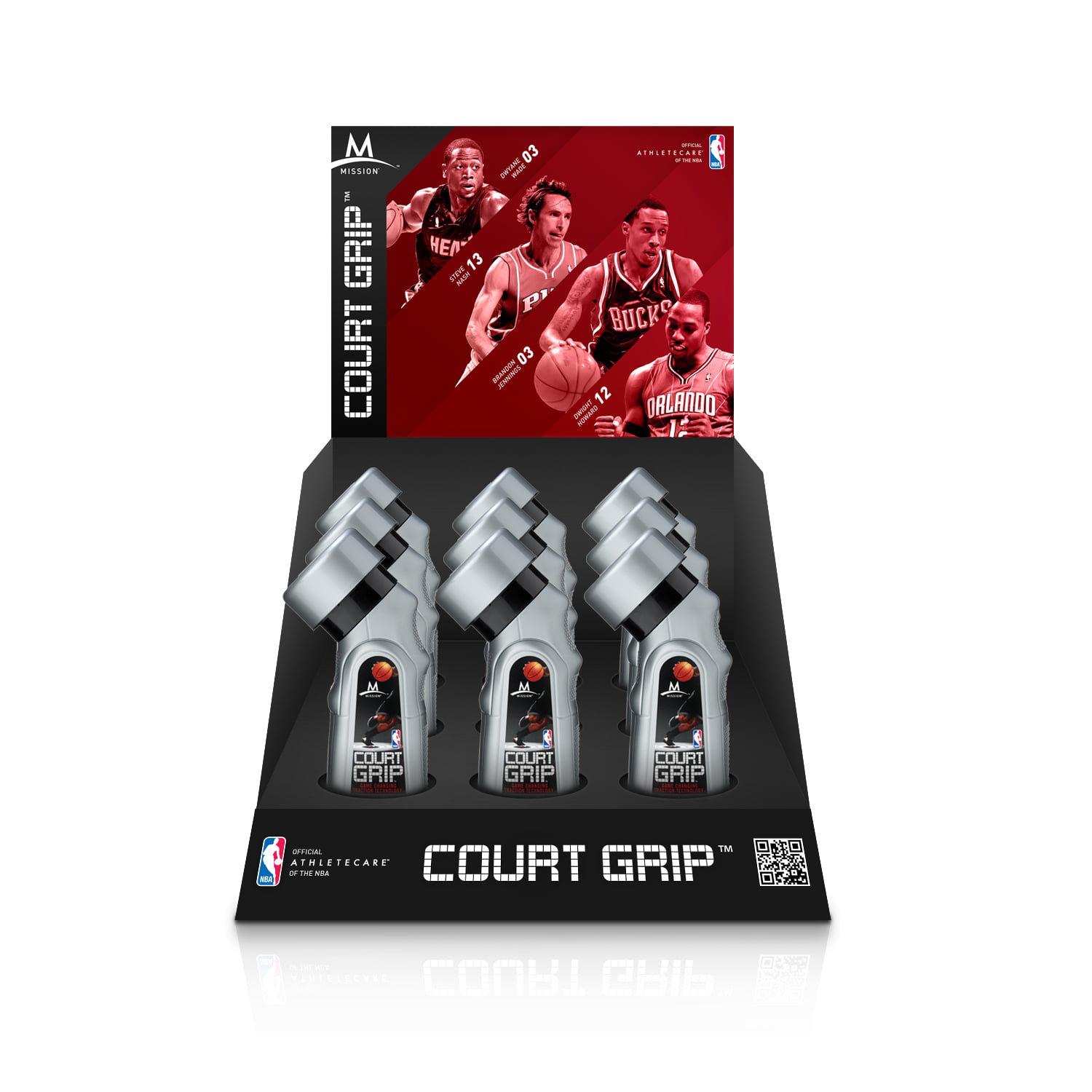 The Court Grip counter display, nine bottles under a four player header card