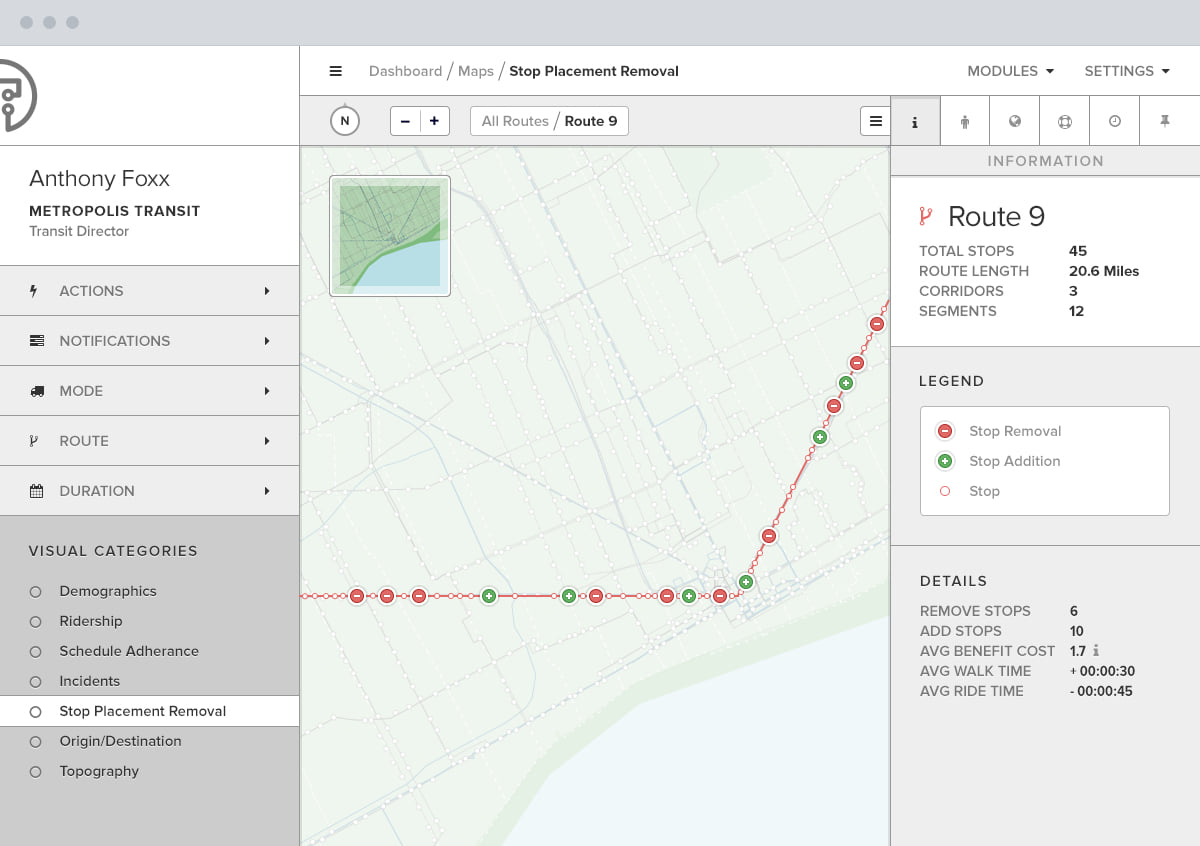 Route 9 stop placement, with the walk and ride time the change costs and saves