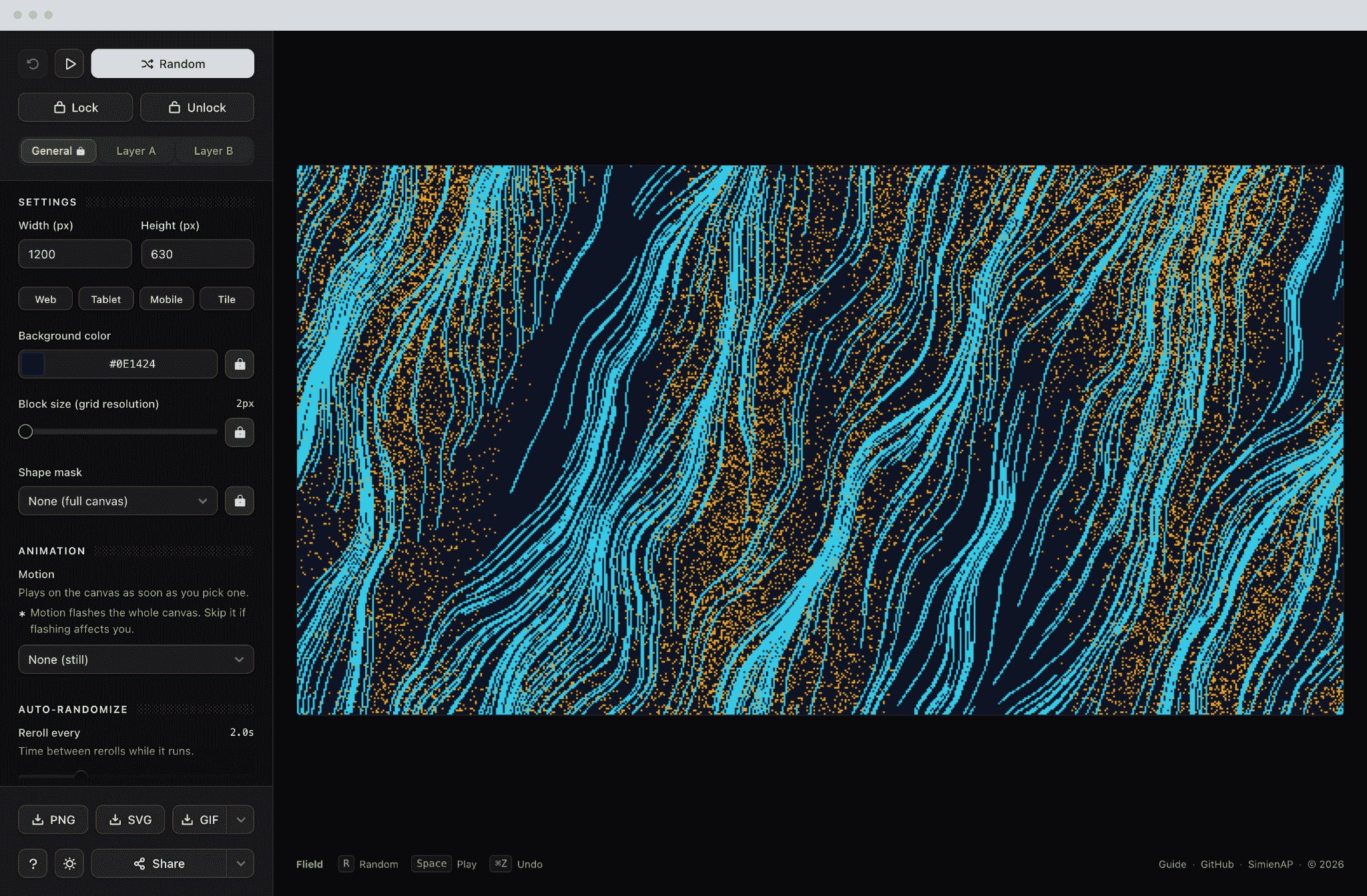 The generator: canvas, settings, animation, and the keyboard shortcuts along the foot