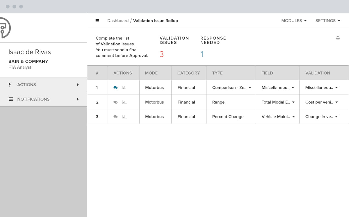 The validation issue rollup, three issues against their own rows