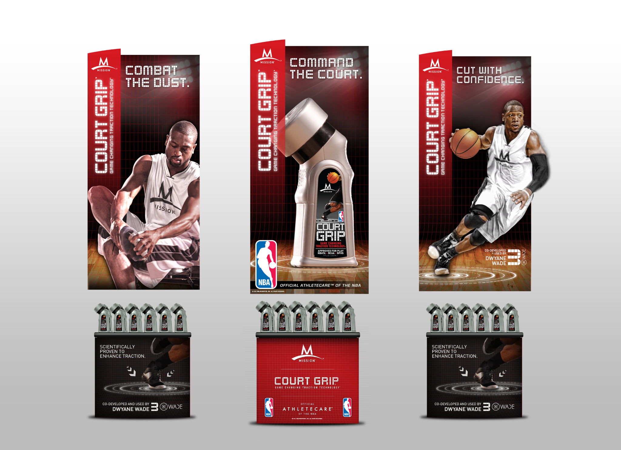 Three shelf towers, each with its own headline and image over a tray of six bottles