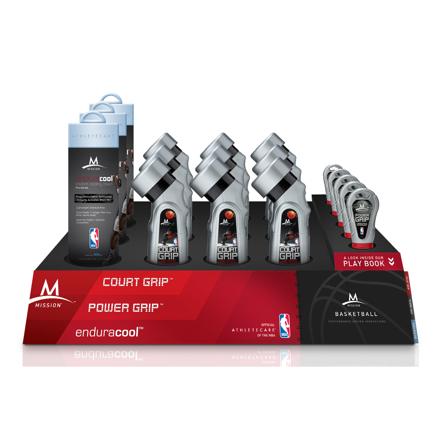 The full Mission Basketball tray, Court Grip, Power Grip, and Enduracool under one fascia