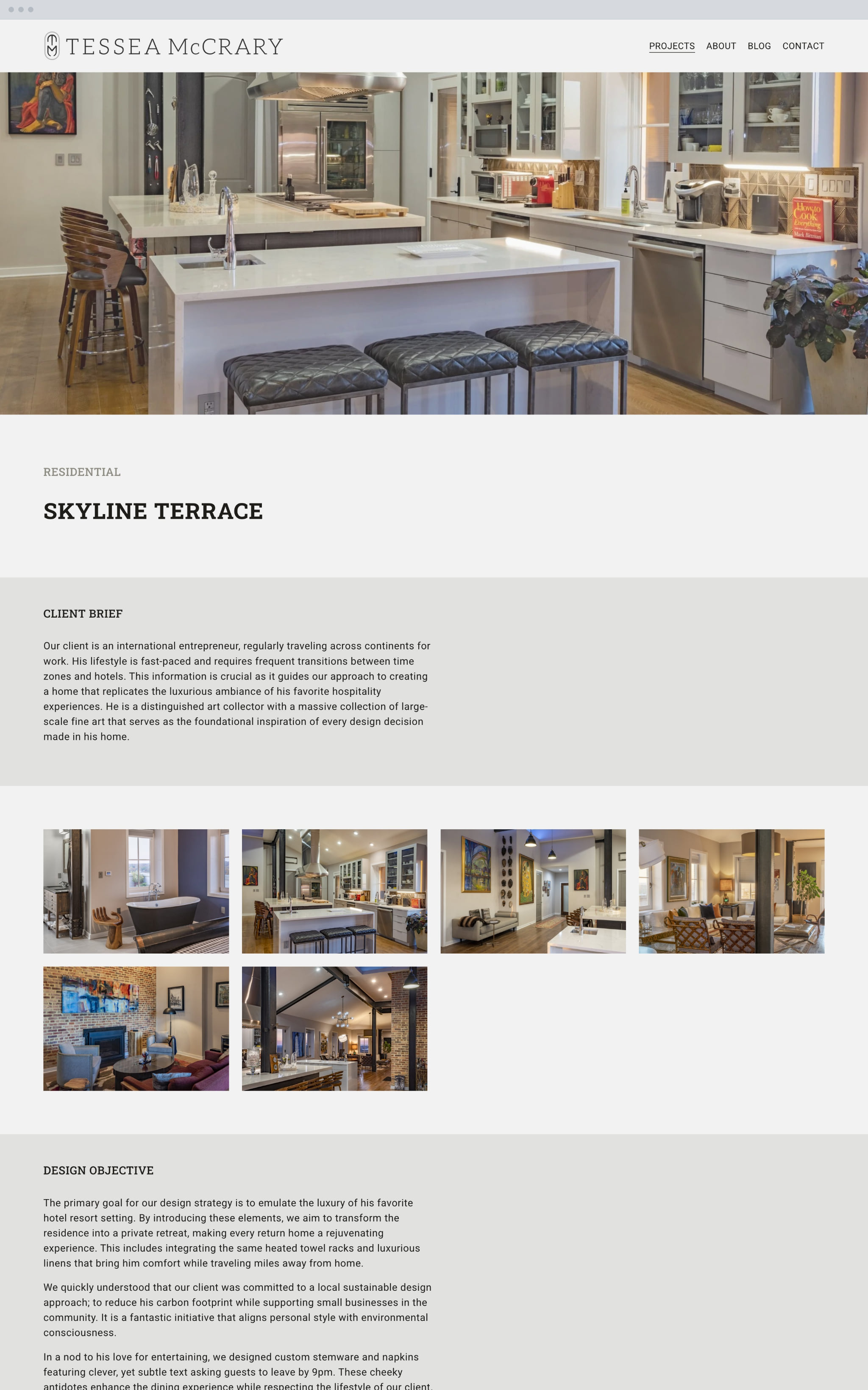 A project page: the room, then the client brief, the gallery, and the design objective, in that order