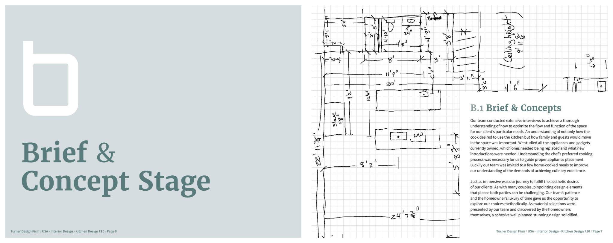 The Brief and Concept Stage divider facing the hand-drawn survey, dimensioned in pencil on grid paper