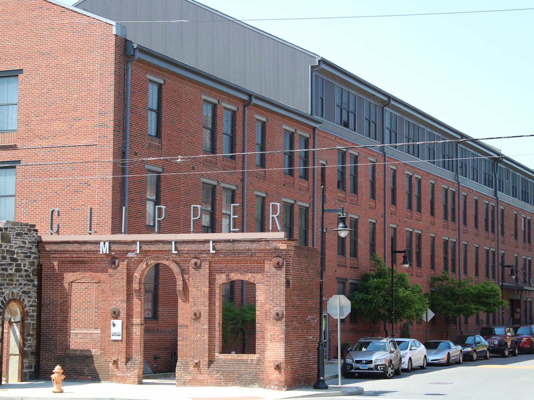 Clipper Mill from the street, with the building's own lettering